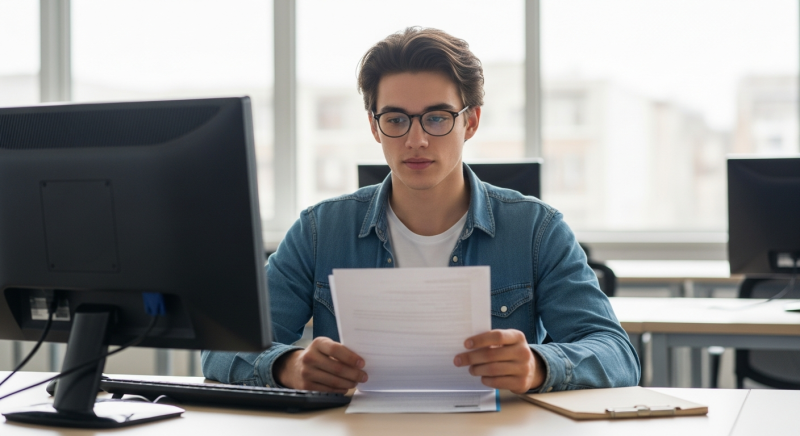 Male student sitting in front of a computer completing an admissions application