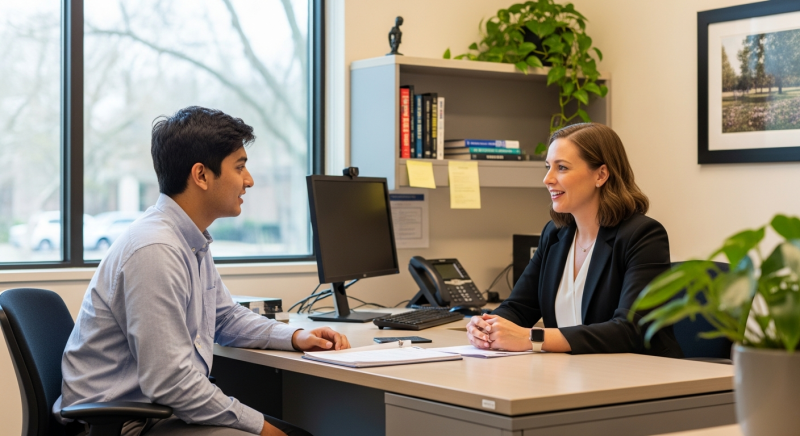 Male prospective student meeting with an admissions counselor